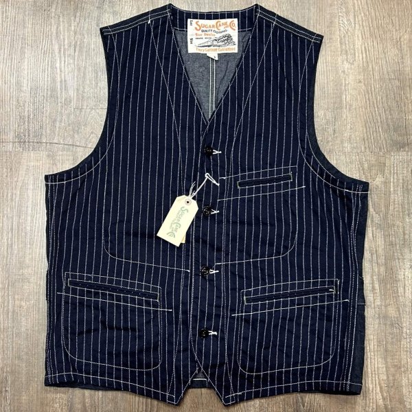 画像1: シュガーケーン 9oz.ウォバッシュストライプ ワークベスト SC12654 421A)ネイビー (1)